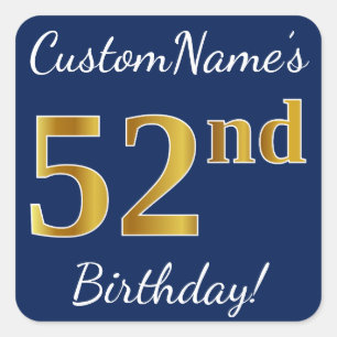 青、フェイク金ゴールド52番目の誕生日+名前をカスタムする スクエアシール