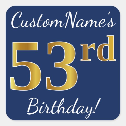 青、フェイク金ゴールド53番目の誕生日+名前をカスタムする スクエアシール (正面)