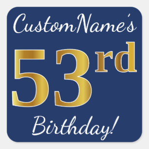 青、フェイク金ゴールド53番目の誕生日+名前をカスタムする スクエアシール