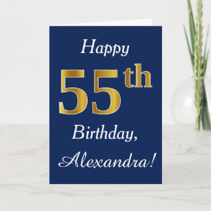 青、フェイク金ゴールド55番目の誕生日+名前をカスタムする カード