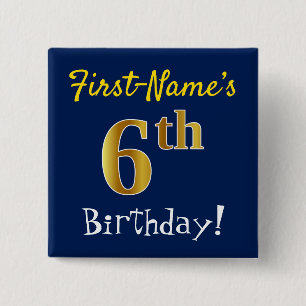青、フェイク金ゴールド6番目の誕生日、名前をカスタムする付き 缶バッジ
