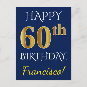 青、フェイク金ゴールド60番目の誕生日+名前をカスタムする ポストカード