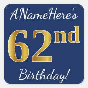 青、フェイク金ゴールド62番目の誕生日+名前をカスタムする スクエアシール