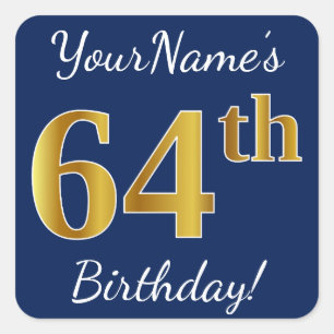 青、フェイク金ゴールド64番目の誕生日+名前をカスタムする スクエアシール