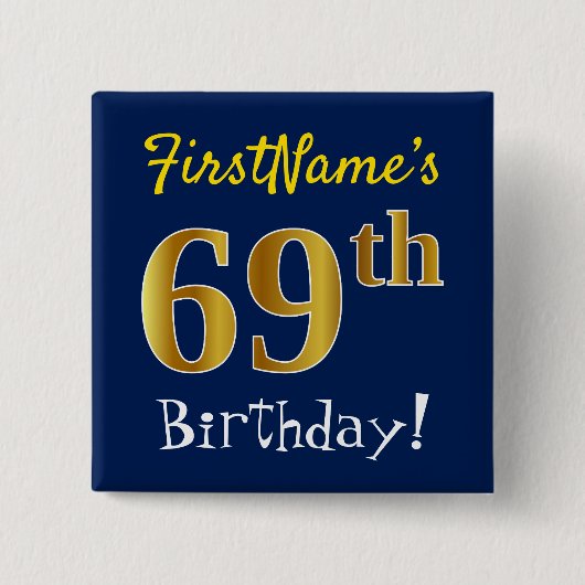 青、フェイク金ゴールド69番目の誕生日、名前をカスタムする付き 缶バッジ (正面)