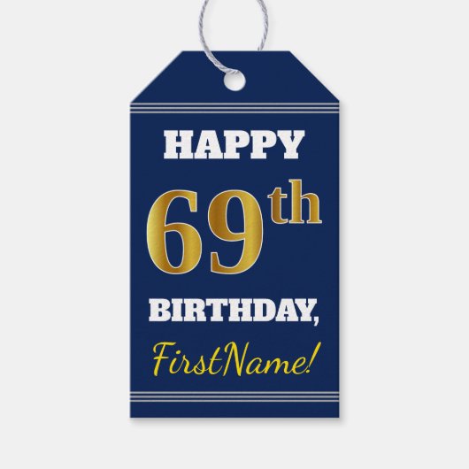 青、フェイク金ゴールド69番目の誕生日+名前をカスタムする ギフトタグ (正面)