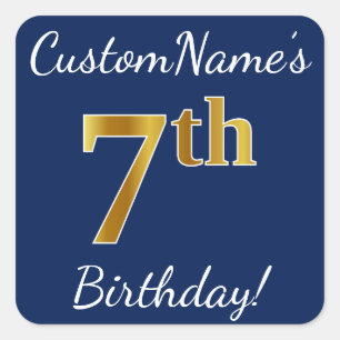 青、フェイク金ゴールド7番目の誕生日+名前をカスタムするステッカー スクエアシール