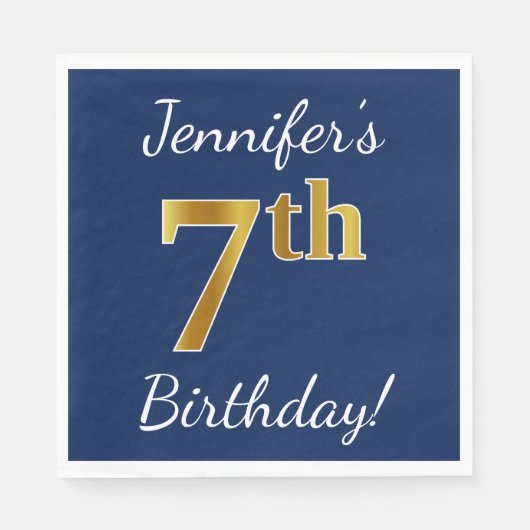 青、フェイク金ゴールド7番目の誕生日+名前をカスタムする スタンダードランチョンナプキン (正面)