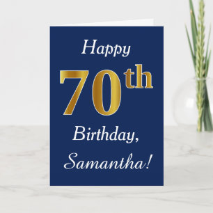 青、フェイク金ゴールド70番目の誕生日+名前をカスタムする カード