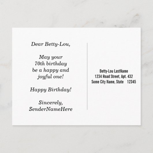 青、フェイク金ゴールド70番目の誕生日+名前をカスタムする ポストカード (裏面)