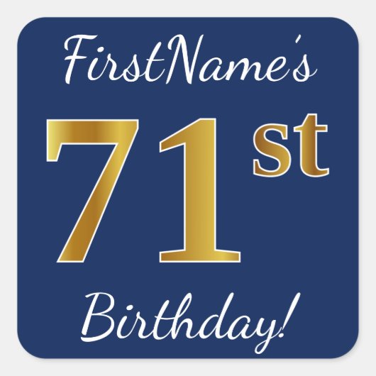 青、フェイク金ゴールド71番目の誕生日+名前をカスタムする スクエアシール (正面)