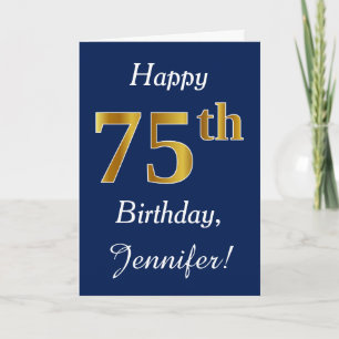 青、フェイク金ゴールド75番目の誕生日+名前をカスタムする カード