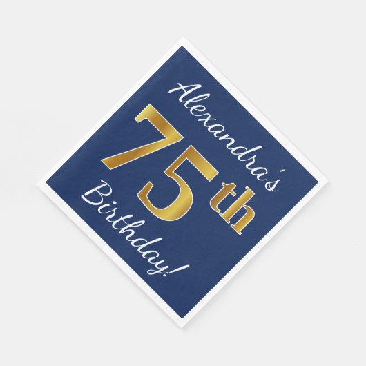 青、フェイク金ゴールド75番目の誕生日+名前をカスタムする スタンダードランチョンナプキン (角)