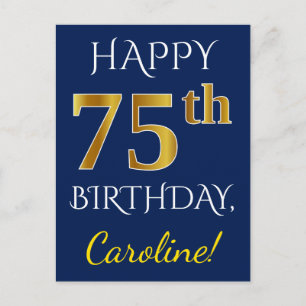 青、フェイク金ゴールド75番目の誕生日+名前をカスタムする ポストカード
