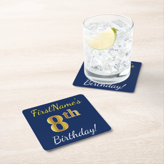 青、フェイク金ゴールド8誕生日+名前をカスタムする スクエアペーパーコースター (インサイチュ)