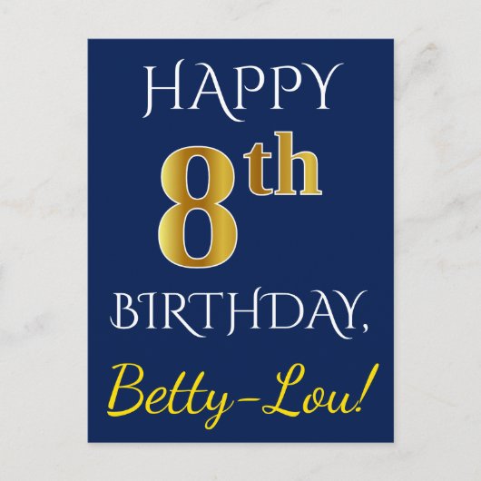 青、フェイク金ゴールド8誕生日+名前をカスタムする ポストカード (正面)