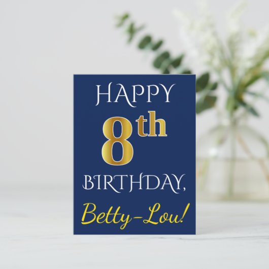 青、フェイク金ゴールド8誕生日+名前をカスタムする ポストカード (スタンド正面)