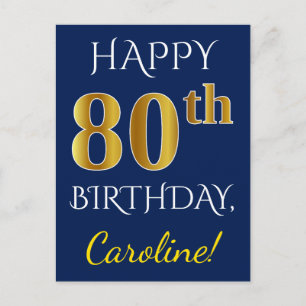 青、フェイク金ゴールド80番目の誕生日+名前をカスタムする ポストカード