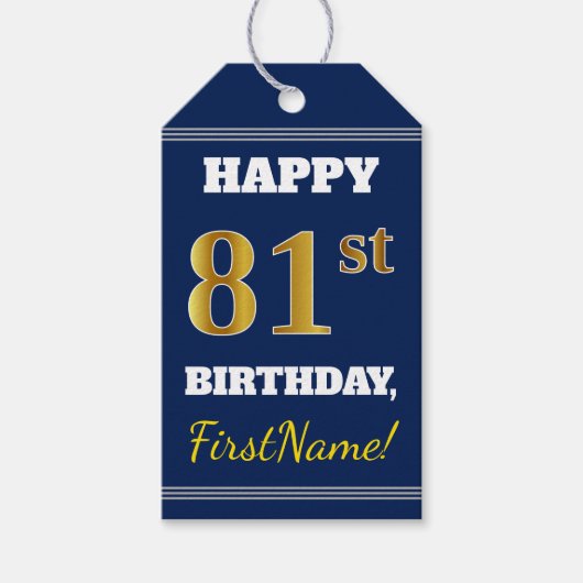 青、フェイク金ゴールド81番目の誕生日+名前をカスタムする ギフトタグ (正面)