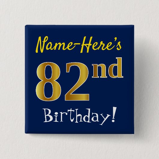 青、フェイク金ゴールド82番目の誕生日、名前をカスタムする付き 缶バッジ (正面)