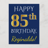 青、フェイク金ゴールド85番目の誕生日+名前をカスタムする ポストカード (正面)
