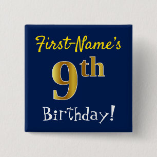 青、フェイク金ゴールド9番誕生日、名前をカスタムする付き 缶バッジ