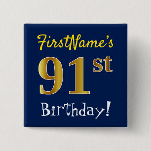 青、フェイク金ゴールド91番目の誕生日、名前をカスタムする付き 缶バッジ