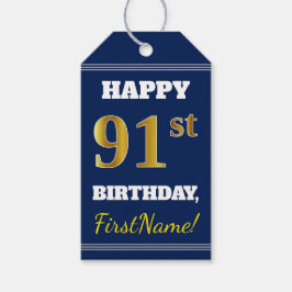 青、フェイク金ゴールド91番目の誕生日+名前をカスタムする ギフトタグ