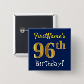 青、フェイク金ゴールド96番目の誕生日、名前をカスタムする付き 缶バッジ (正面&裏面)