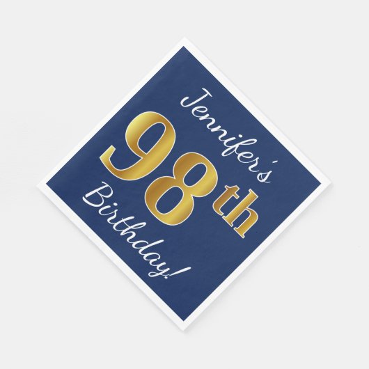 青、フェイク金ゴールド98番目の誕生日+名前をカスタムする スタンダードランチョンナプキン (角)