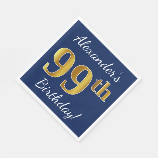 青、フェイク金ゴールド99誕生日+名前をカスタムする スタンダードランチョンナプキン (角)