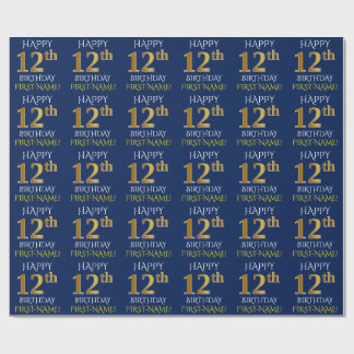 青、フェイク金ゴールド「HAPPY 12誕生日」 ラッピングペーパー
