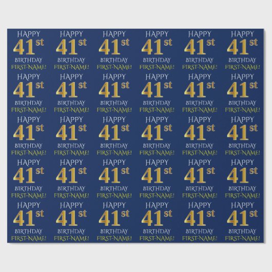 青、フェイク金ゴールド「HAPPY 41st誕生日」 ラッピングペーパー (フラット)