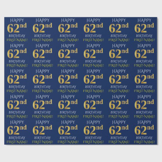 青、フェイク金ゴールド「HAPPY 62nd誕生日」 ラッピングペーパー (フラット)