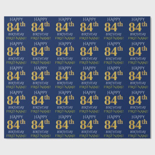 青、フェイク金ゴールド「HAPPY 84th誕生日」 ラッピングペーパー (フラット)