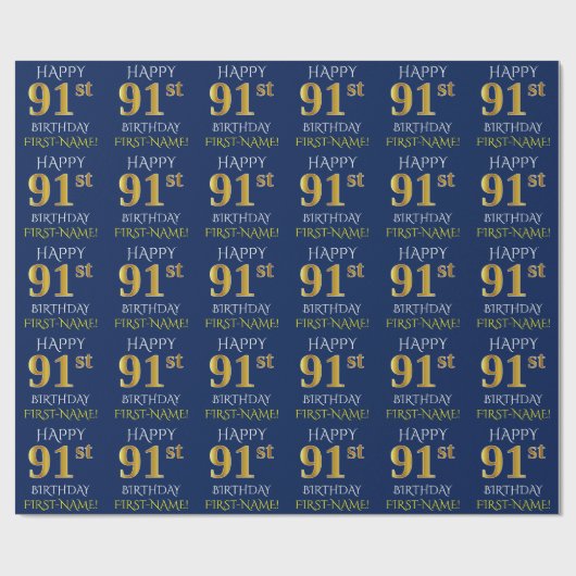 青、フェイク金ゴールド「HAPPY 91st誕生日」 ラッピングペーパー (フラット)