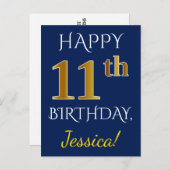 青（ブルー）、偽の金（フェイクゴールド） 11歳の誕生日 + オーダーメイド ネーム ポストカード (正面/裏面)