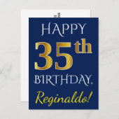青(ブルー)、偽の金(フェイクゴールド) 35歳の誕生日 + オーダーメイドの名前 ポストカード (正面/裏面)
