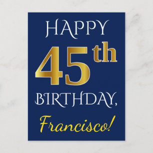 青(ブルー)、偽の金(フェイクゴールド) 45歳の誕生日 + オーダーメイド ネーム ポストカード