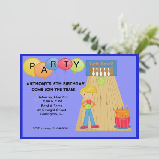 青、ボーリングをする誕生日のパーティの招待状 招待状 (スタンド正面)