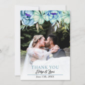 青、ミント緑の水色の花のフローラ結婚の サンキューカード (正面)