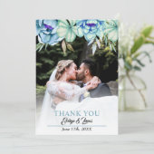 青、ミント緑の水色の花のフローラ結婚の サンキューカード (スタンド正面)