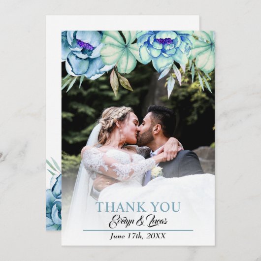 青、ミント緑の水色の花のフローラ結婚の サンキューカード (正面/裏面)