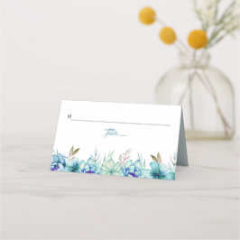 青、ミント緑の水色の花のフローラ結婚の プレイスカード