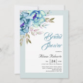 青、ミント緑の水色の花のブライダルシャワー 招待状 (正面)