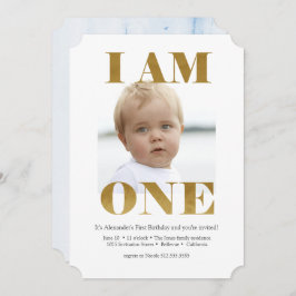 青+モダン金ゴールド1歳の誕生日招待状 招待状