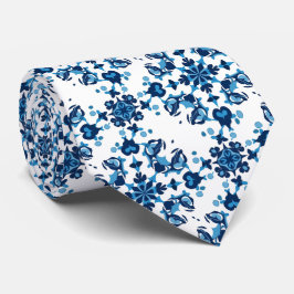 青、ライトブルー、白の花弁の大パターン ネクタイ