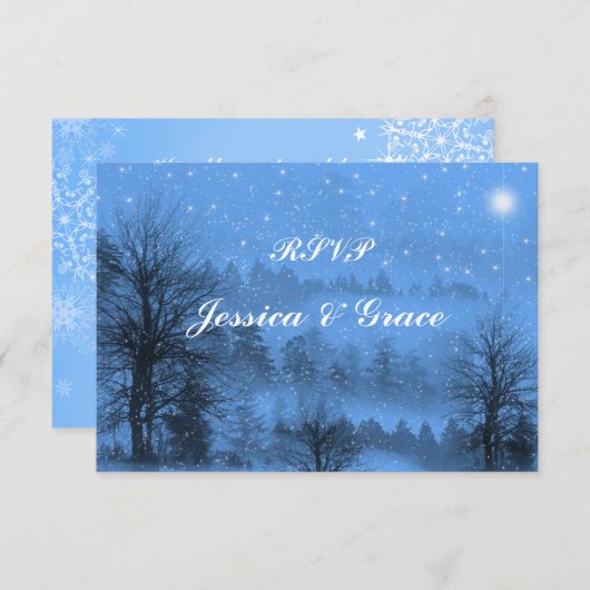 青、休日、冬の結婚式の応答カード 出欠カード (正面/裏面)