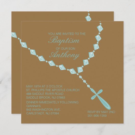 青、数珠は男の子の洗礼の招待状に玉を付けます 招待状 (正面/裏面)