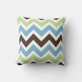 青、春緑、茶色のシェブロン模様 クッション
